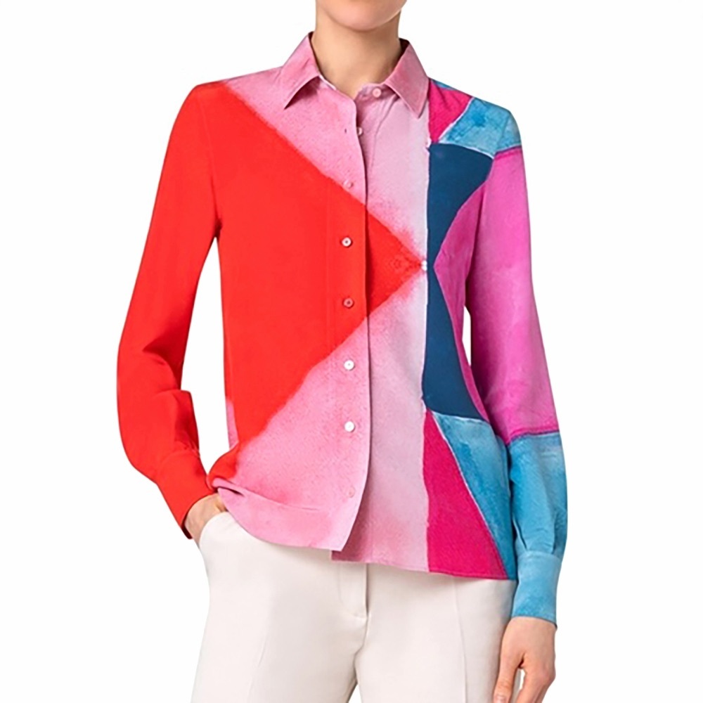 Akris Spectra Poppy Print Silk Top Blouse Red Pink Blue Colorblock Geometric 8